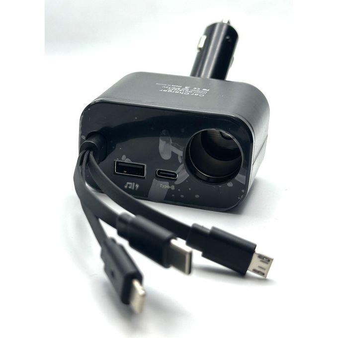 Chargeur de voiture multifonction rapide 120 W, lecteur MP3, Bluetooth, deux câbles extensibles et compatible avec iPhone et Smartphone