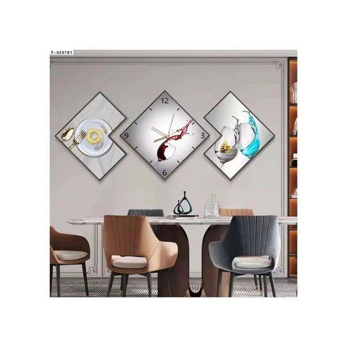 Ensemble moderne de 3 décorations murales pour salle à manger avec horloge silencieuse intégrée - Multicolore