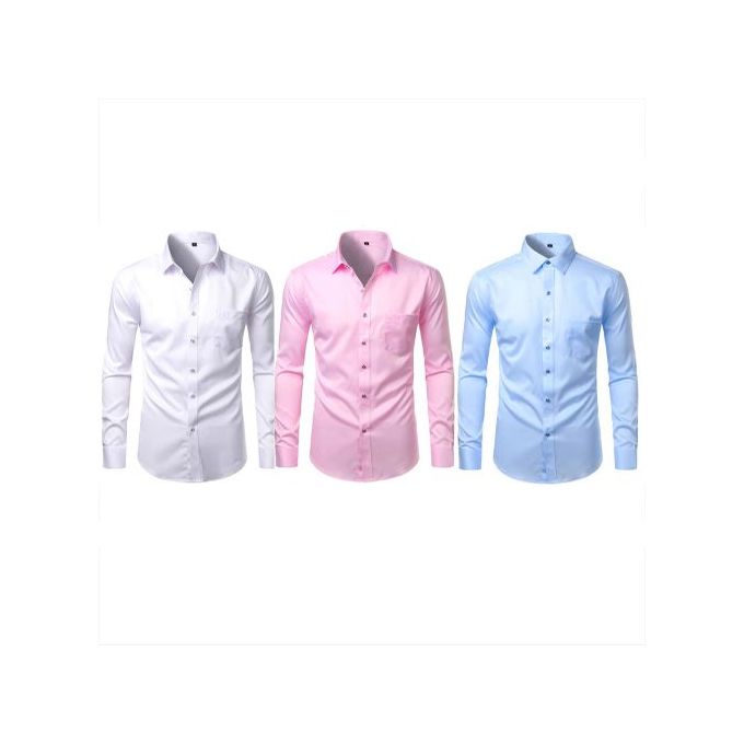 Ensemble de 3 chemises de bureau en coton pour homme, manches longues - Blanc, Bleu et Rose