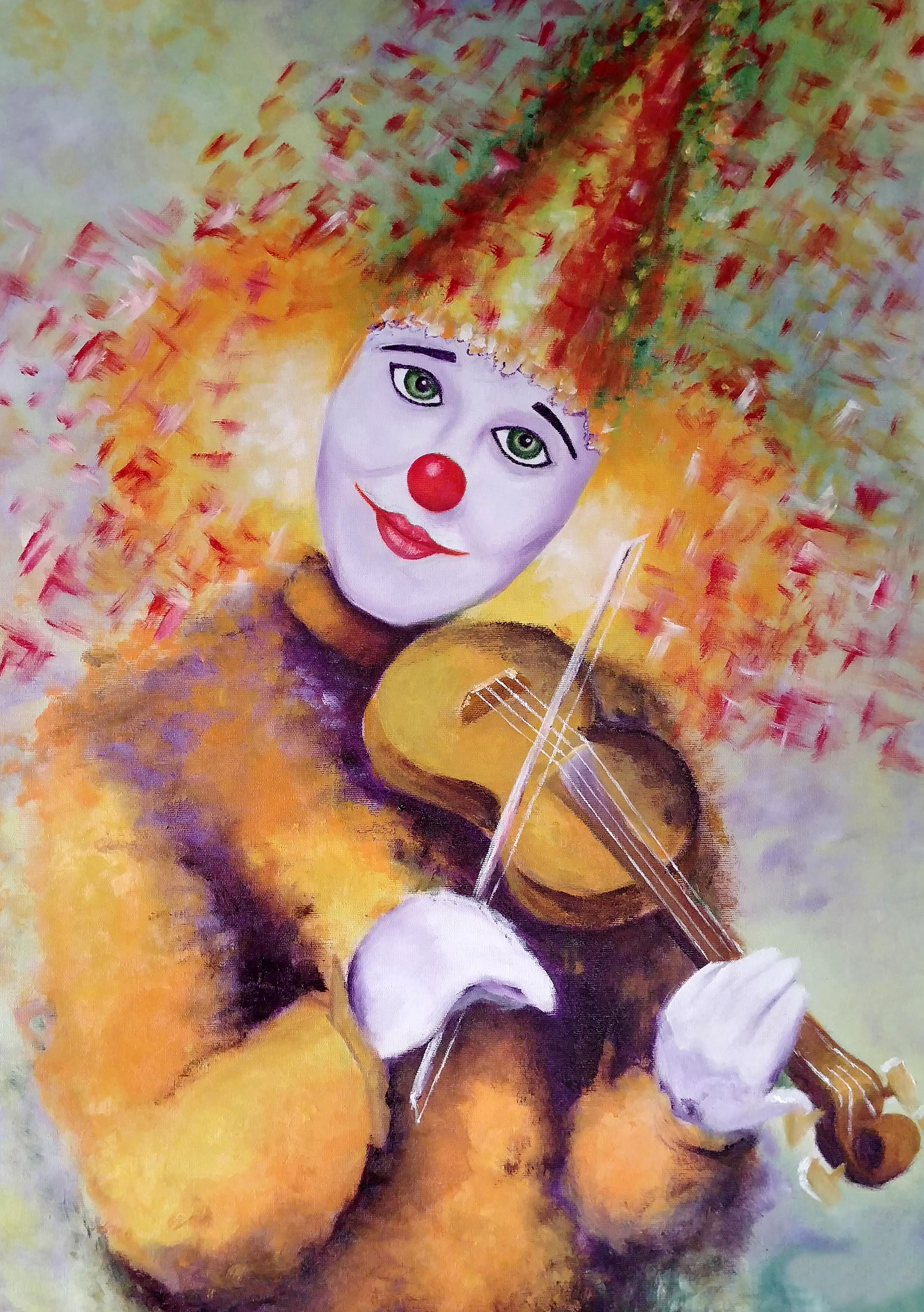 Um palhaço simpático tocando violino