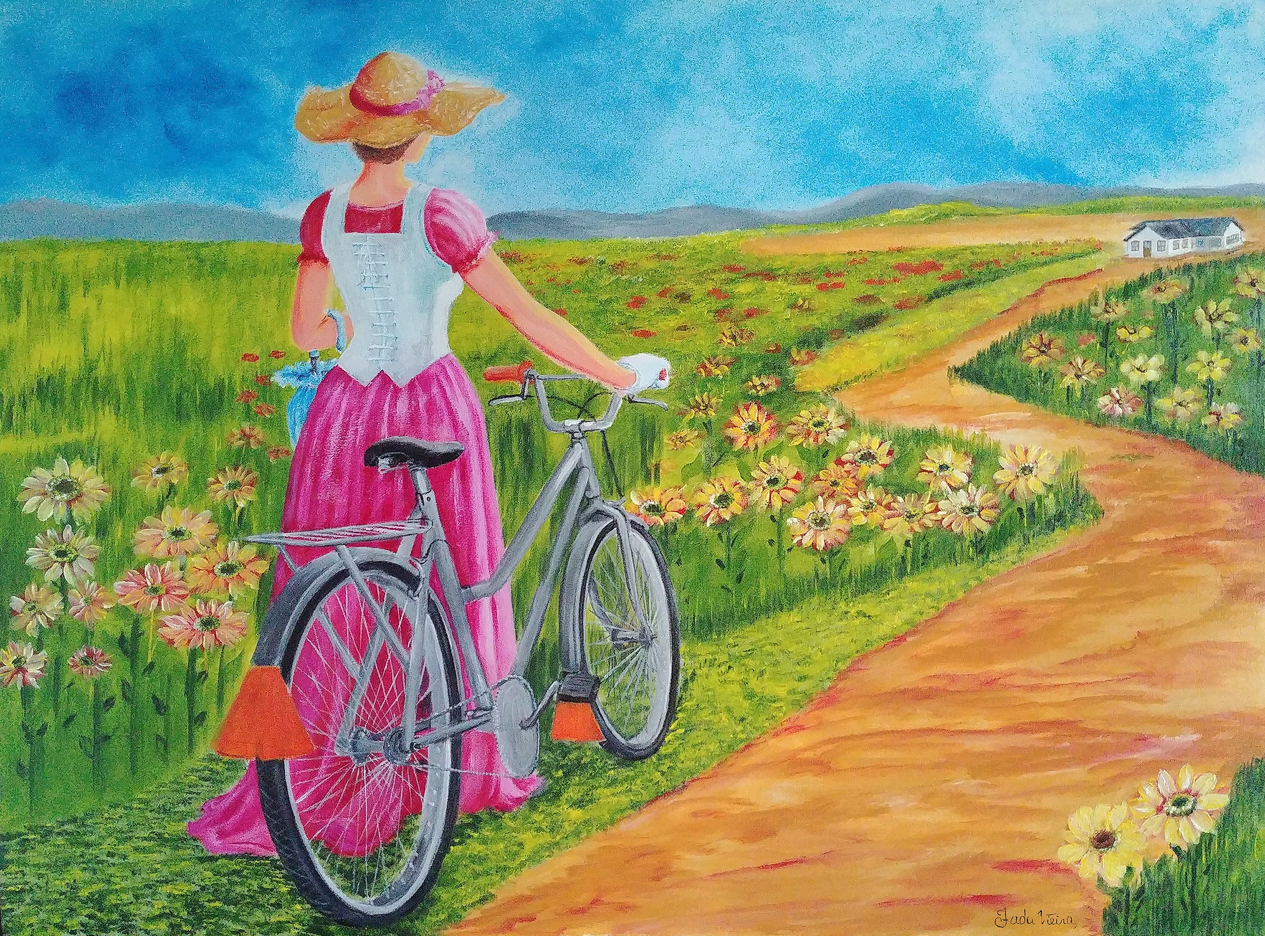 Uma senhora e sua bicicleta em um campo florido