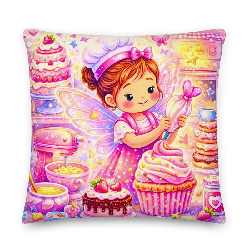 Fairy Baker Pillow for Girls – Cute Pink Baking Fairy Cushion with Cupcakes I Pillow for Children's Room