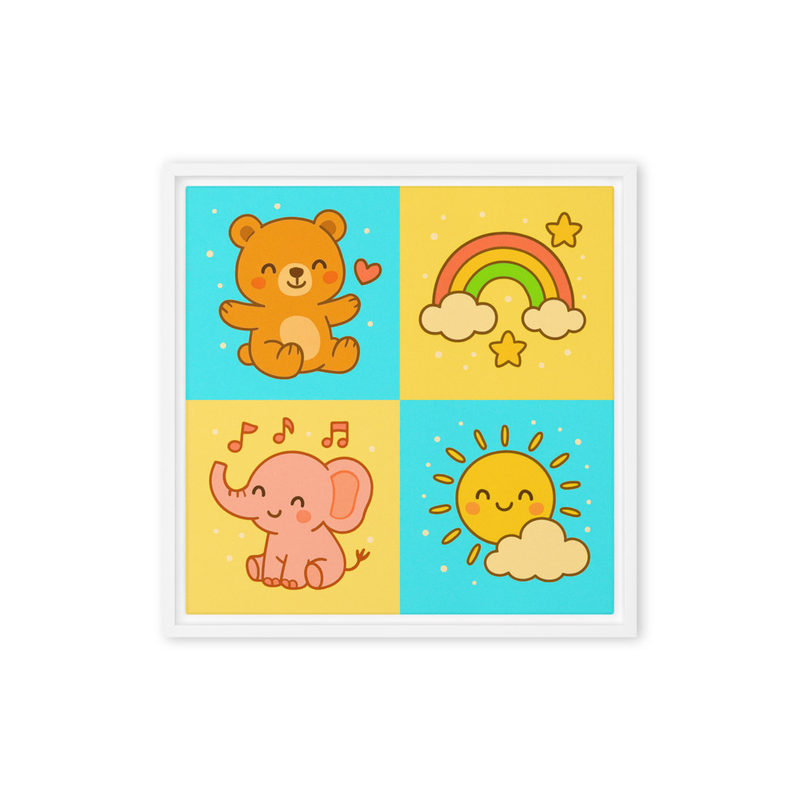 Kawaii Animal Wall Art – Bear, Elephant, Rainbow & Sun Canvas for Kids | Cute Nursery & Playroom Decor I Framed canvas