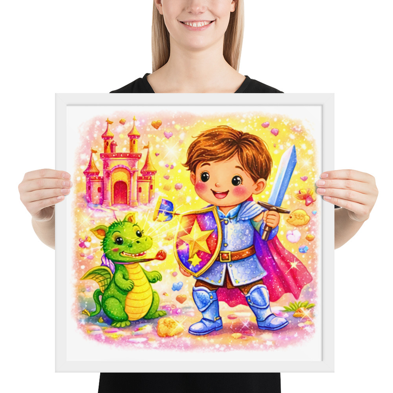 Brave Little Knight & Friendly Dragon Wall Art for Kids – Magical Boys Playroom Print I Children's Wall Art