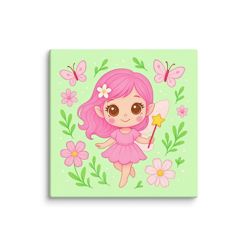 Kawaii Fairy Canvas Wall Art – Pink & Mint Girls Room Decor, Cute Butterfly & Flower Print, Nursery Wall Art for Toddlers and Kids