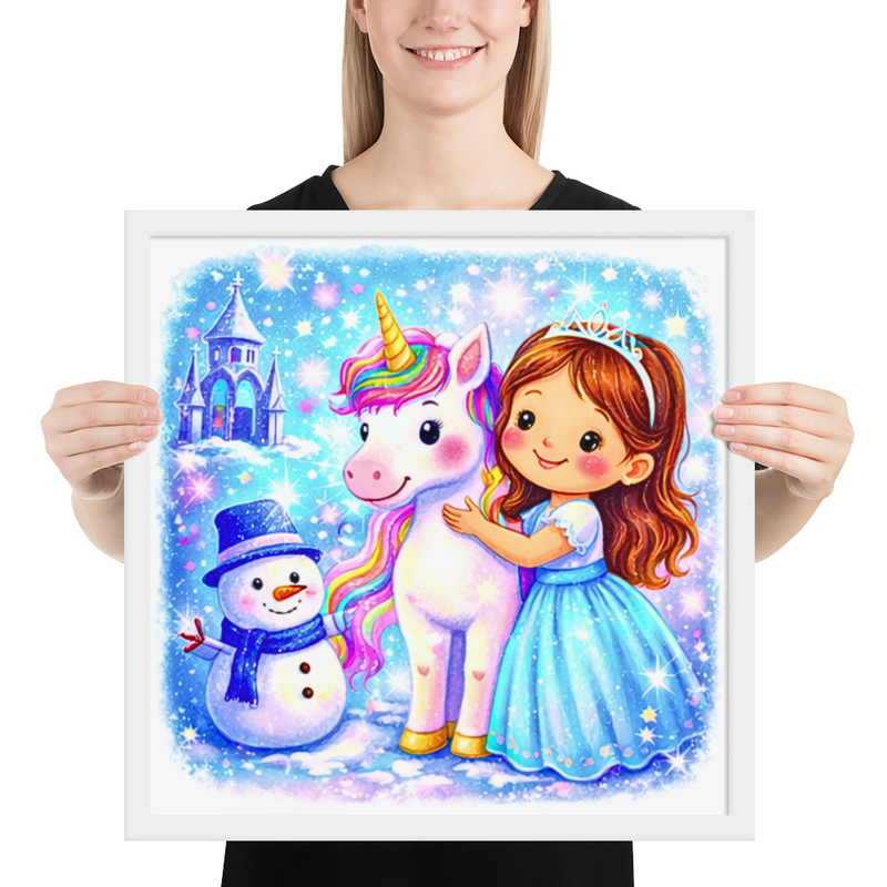 Magical Unicorn and Princess Wall Art I Winter Unicorn Princess Wall Art for Girls – Magical Fairy Tale Kids Room Decor with Snowman & Castle