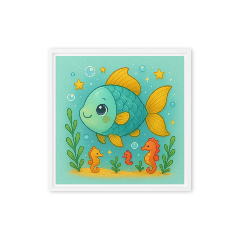 Cute Underwater Fish Nursery Wall Art – Turquoise & Yellow Ocean Animals Print – Seahorse Kids Room Decor – Baby & Toddler Bedroom Illustration – 4x4 Ratio