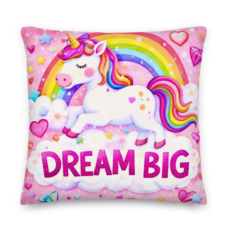 Dream Big Unicorn Pillow – Cute Rainbow Unicorn Throw Pillow for Girls Room & Nursery Decor