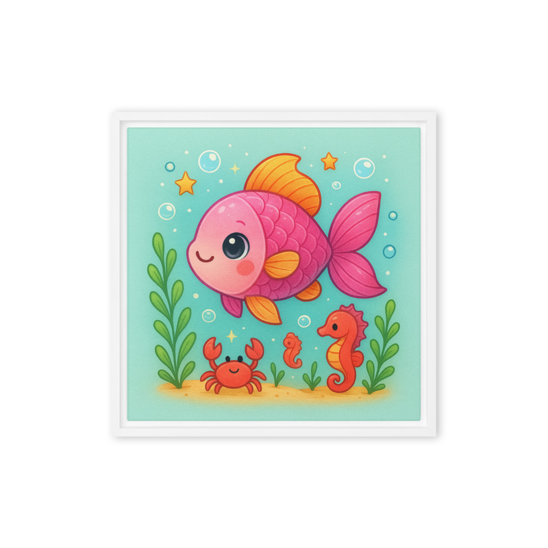 Cute Pink Fish Nursery Wall Art – Under the Sea Ocean Animals Decor for Kids Bedroom – Baby Girl Playroom Print – Kawaii Fish, Seahorse & Crab Artwor