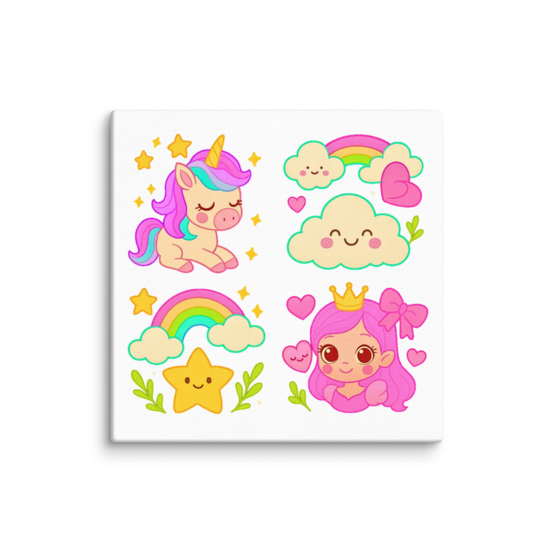 Kawaii Unicorn & Princess Wall Art for Girls – Cute Cloud & Rainbow Canvas, Pastel Playroom & Nursery Decor