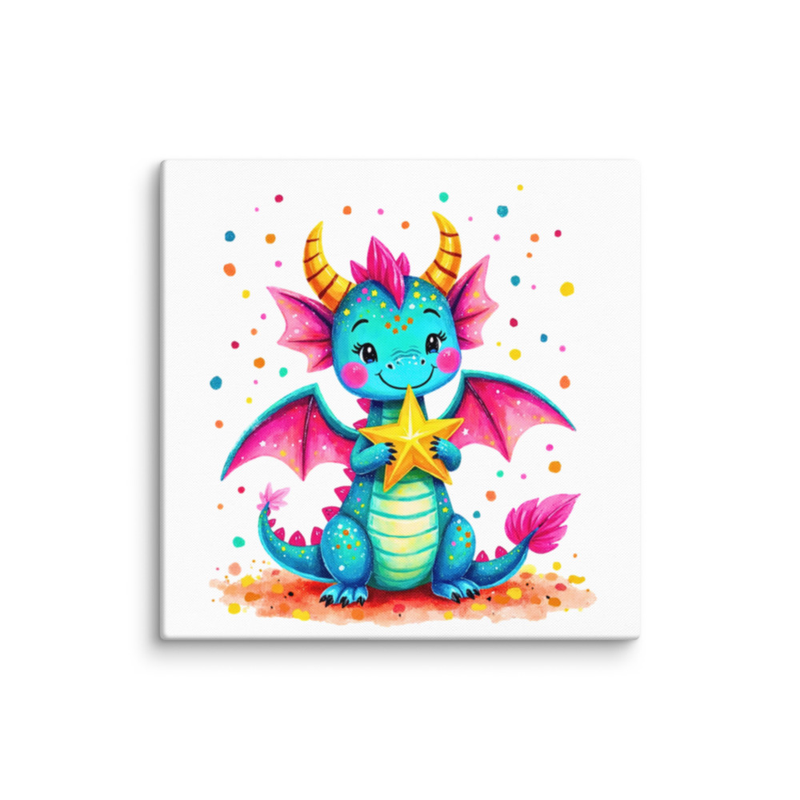 Cute Baby Dragon Canvas Wall Art – Bold Color Kids Room Decor, Fantasy Nursery Print, Rainbow Dragon Artwork for Boys & Girls Bedrooms