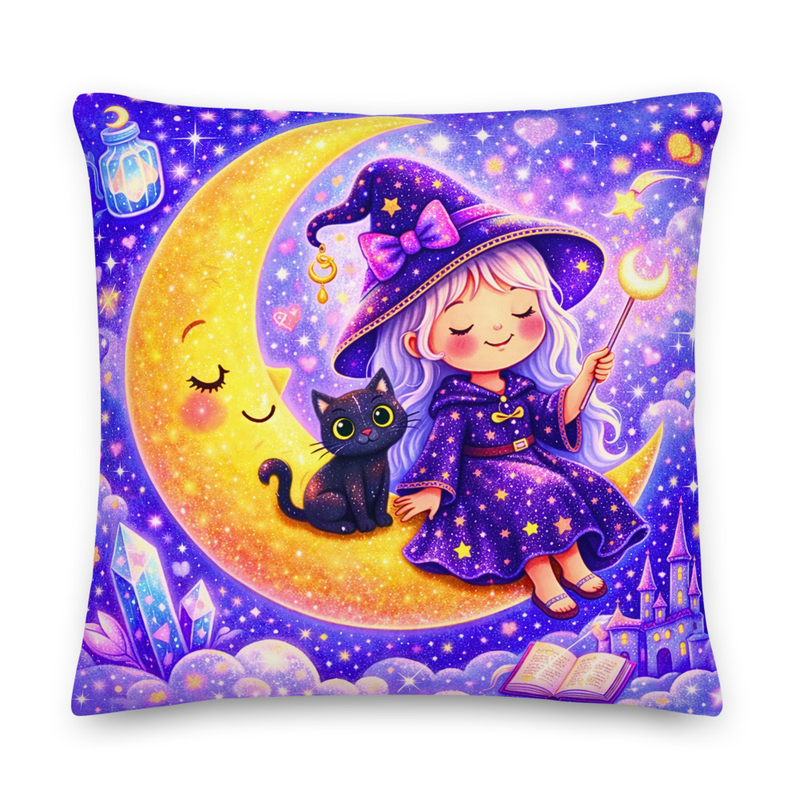 Moon Witch Pillow for Girls – Magical Crescent Moon & Black Cat Cushion