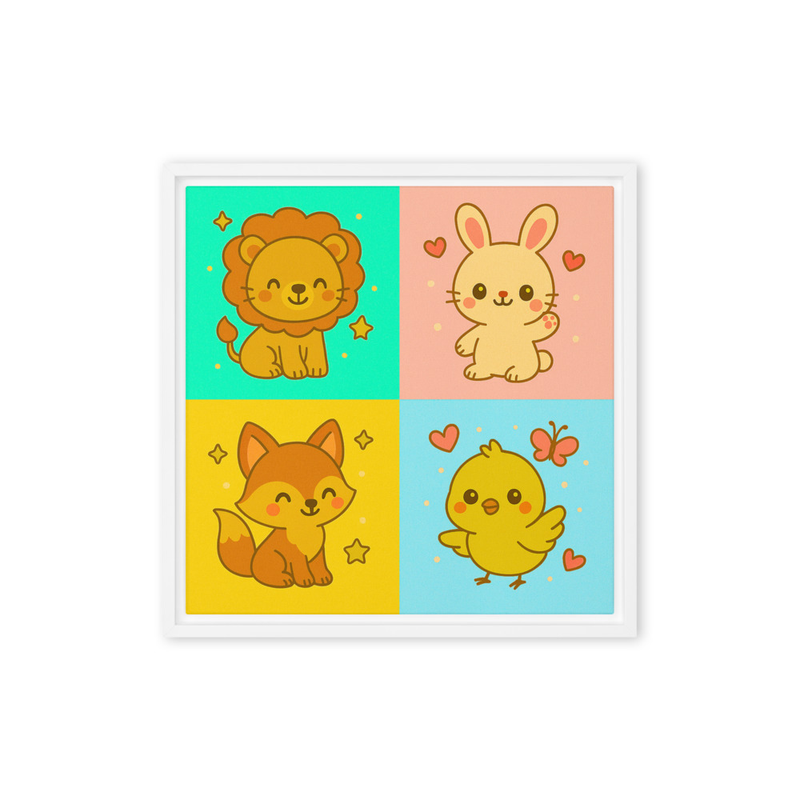 Cute Animal Nursery Wall Art – Lion, Bunny, Fox & Chick Canvas | Pastel Playroom Decor for Baby & Toddlers I Framed canvas