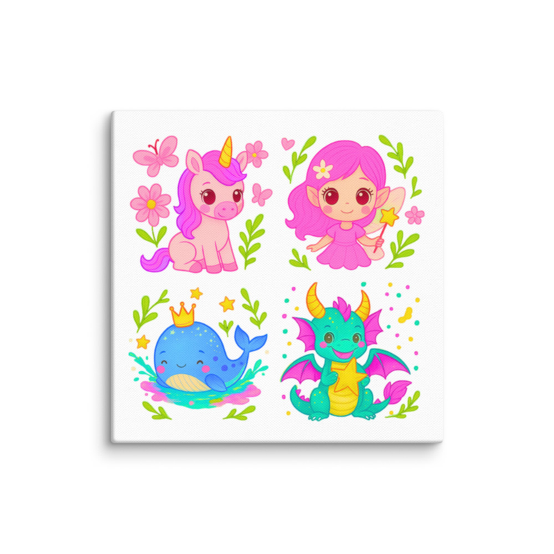Kawaii Girls Room Wall Art – Unicorn, Fairy, Dragon & Whale Canvas, Cute Pastel Nursery Decor, Magical Playroom Art for Kids