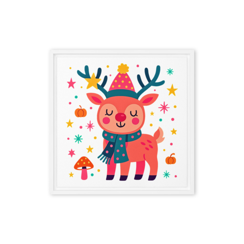 Cute Christmas Reindeer Wall Art – Festive Nursery Decor for Girls | Holiday Kids Room Framed Canvas | Whimsical Pink Reindeer Illustration | Christmas Bedroom Decor