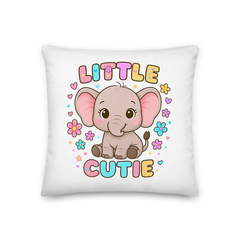 Little Cutie Elephant Pillow – Adorable Nursery Decor for Kids I Kawaii Baby Elephant Cushion with Pastel Flowers & Hearts – Kids Bedroom Accent