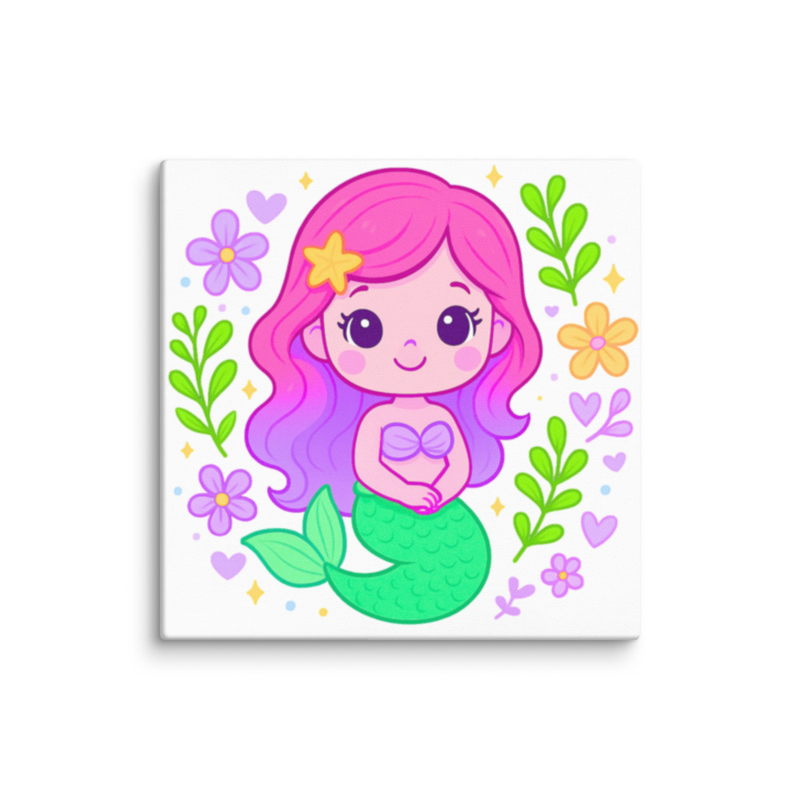 Kawaii Mermaid Canvas Wall Art – Cute Pink & Purple Girls Room Decor, Ocean Nursery Print for Kids, Pastel Under the Sea Bedroom Decoration