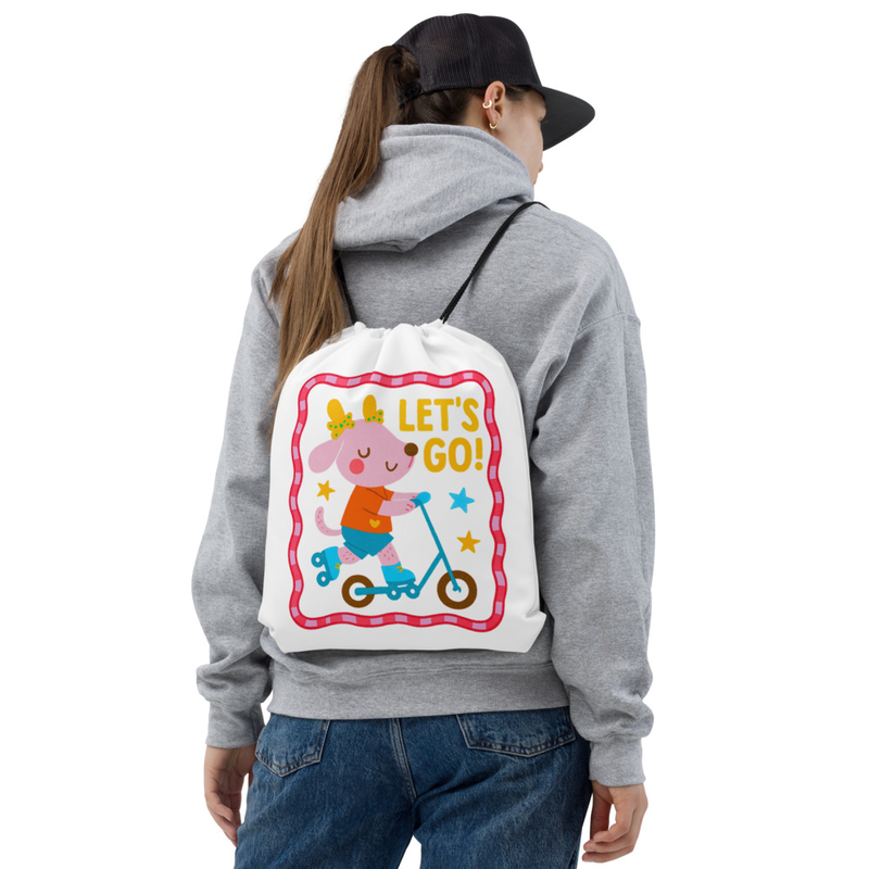 “Let’s Go!” Kids Drawstring Backpack – Cute Scooter Design for Kids | Fun Preschool & Daycare Bag