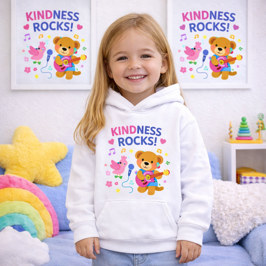 Kindness Rocks Kids Hoodie – Cute Musical Dog Design | Cozy Hoodie for Girls & Boys I Positive message kids clothing • Music-themed kids hoodie • Playful character hoodie • Gift for kids