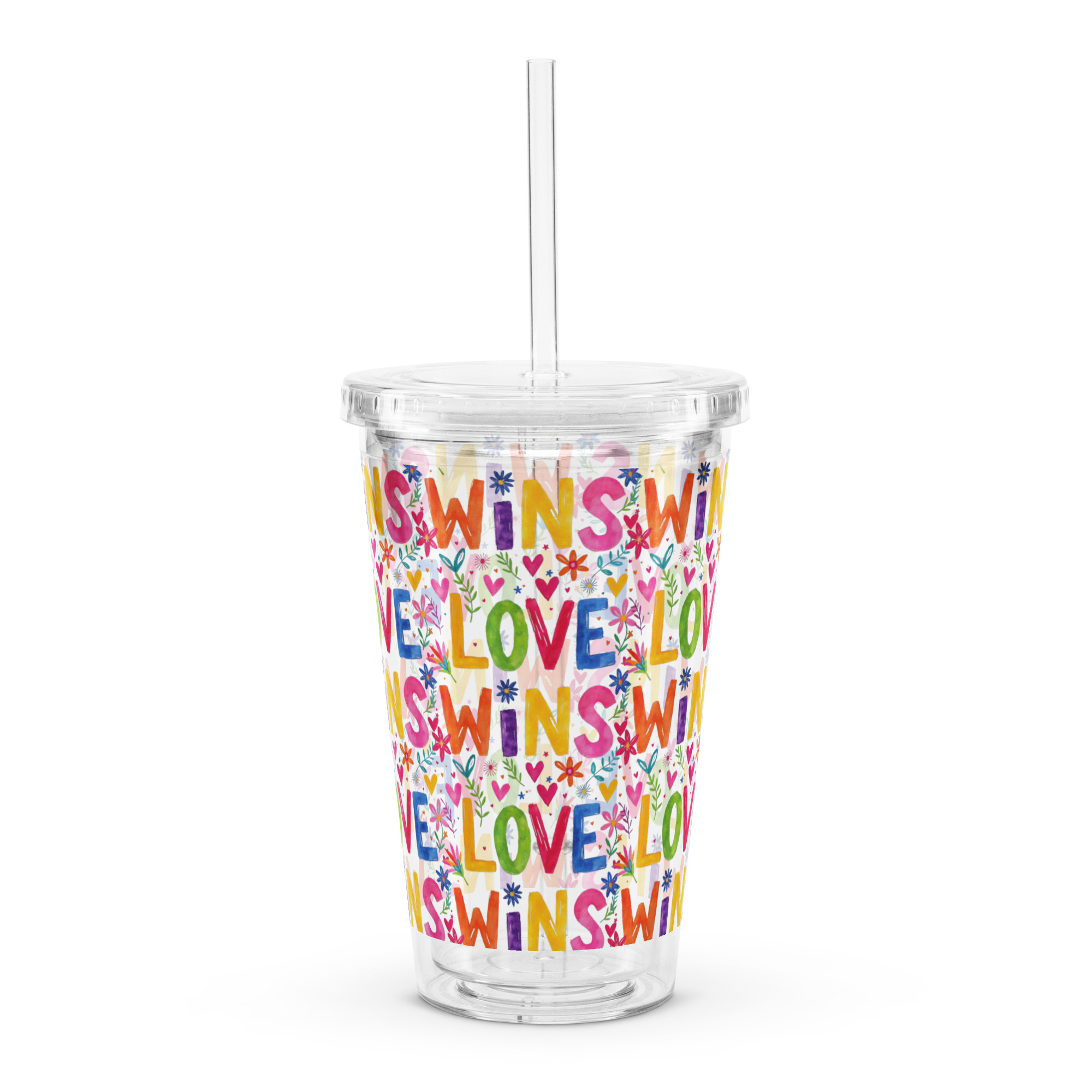 Love Wins Kids Tumbler | Cute Colorful Cup with Straw | Reusable Acrylic Drink Cup for Children | Rainbow Hearts Watercolor Cup | 16oz Travel Cup