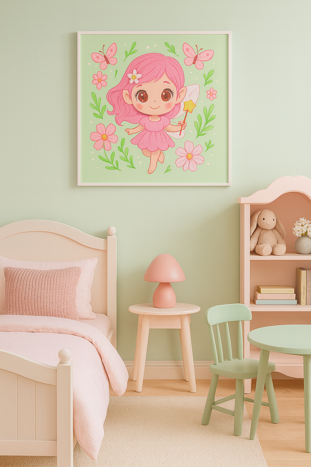 Kawaii Fairy Canvas Wall Art – Pink & Mint Girls Room Decor, Cute Butterfly & Flower Print, Nursery Wall Art for Toddlers and Kids