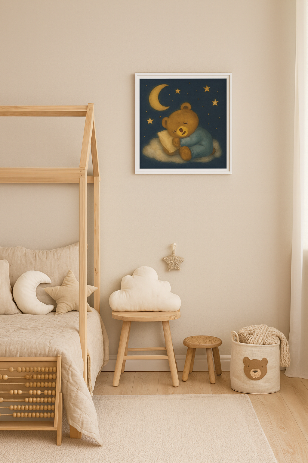 Sleepy Moon Bear Nursery Wall Art – Cute Bedtime Animal Art Print for Baby & Kids Room Decor (Unisex Neutral Night Sky Theme)