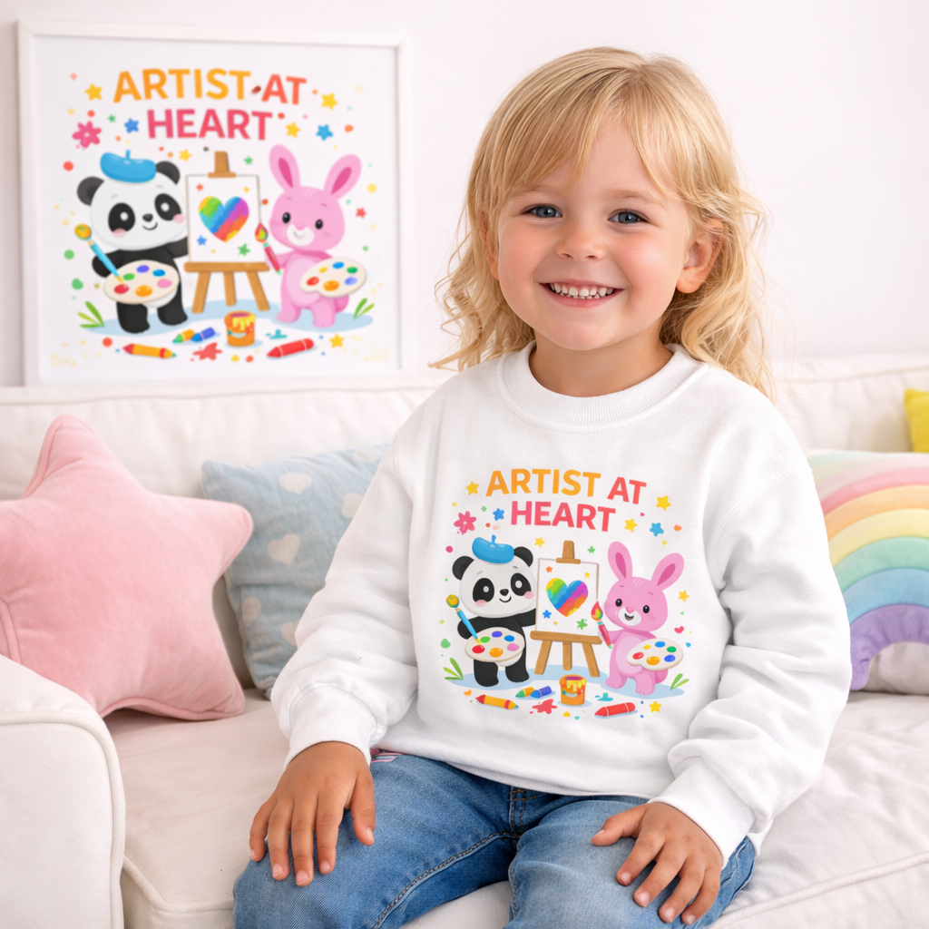 Kids' Sweatshirt I Artist at Heart Kids Sweatshirt – Cute Creative Art Hoodie for Children I Adorable Panda & Bunny Art Design | Cozy Creative Sweatshirt for Kids