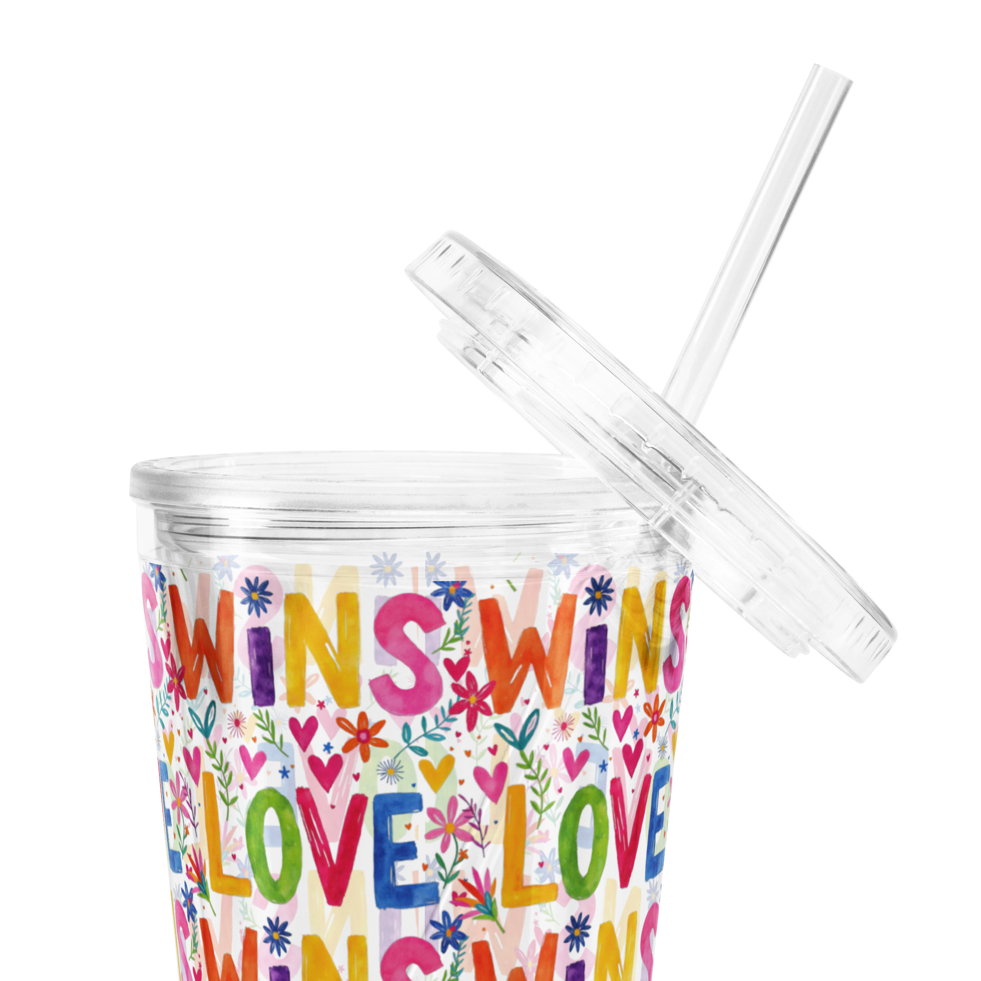 Love Wins Kids Tumbler | Cute Colorful Cup with Straw | Reusable Acrylic Drink Cup for Children | Rainbow Hearts Watercolor Cup | 16oz Travel Cup