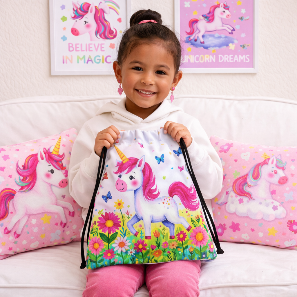 Unicorn Dreams Kids Drawstring Backpack – Cute Unicorn Bag for Kids, Playful School & Daycare Bag