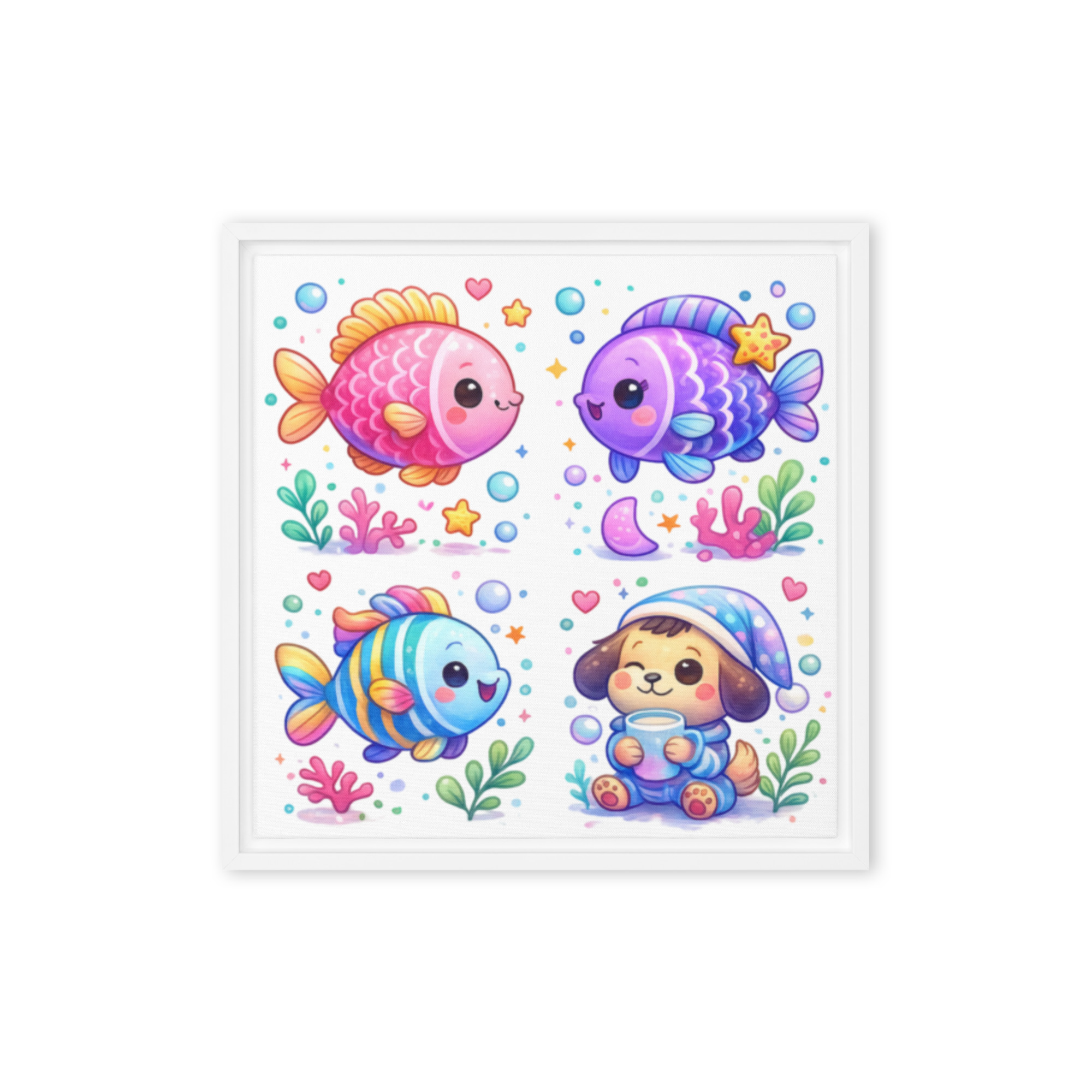 Cute Ocean Friends  Wall Art – Pastel Sea Animals Nursery Decor – Kawaii Underwater Playroom Print for Girls (Square 4x4)