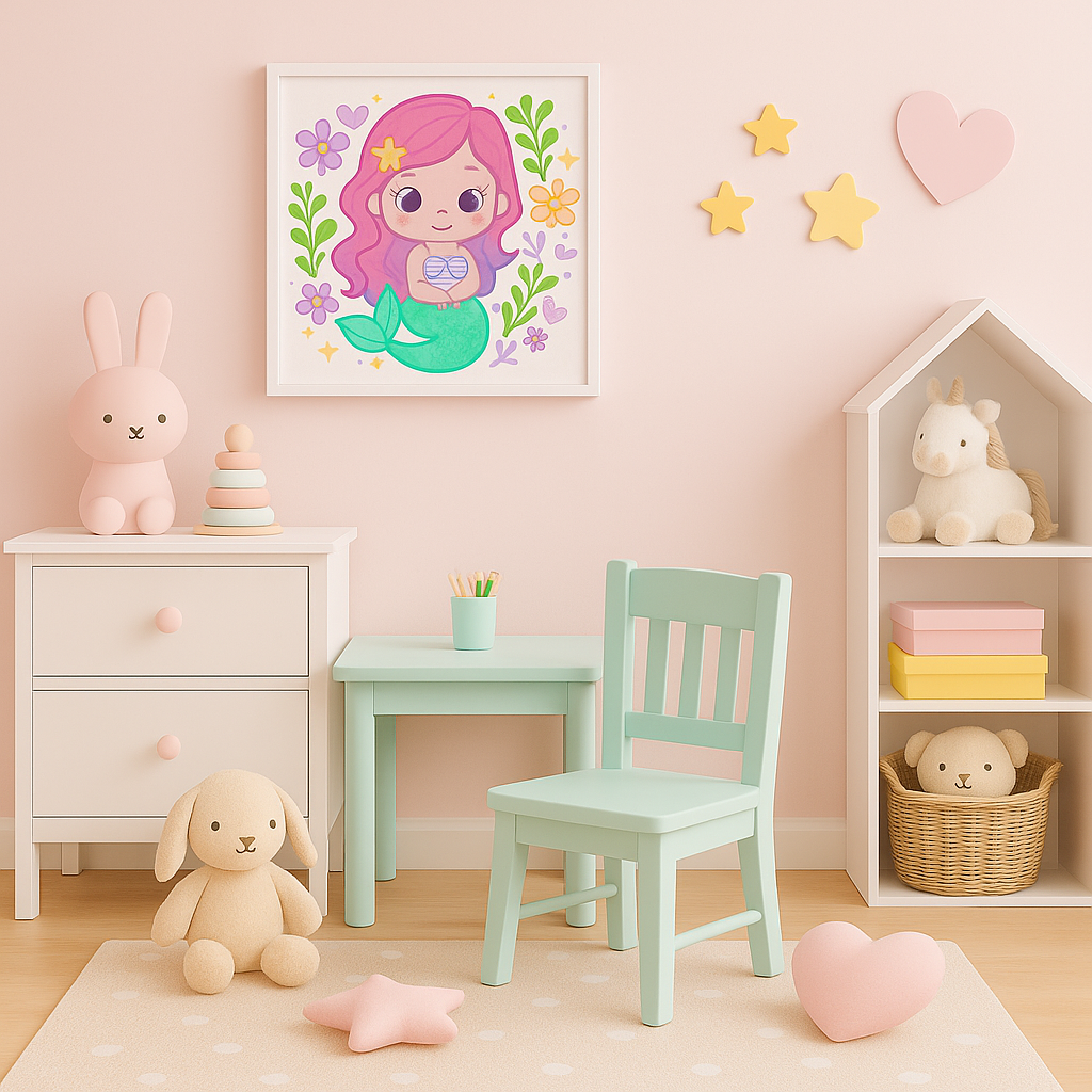 Kawaii Mermaid Canvas Wall Art – Cute Pink & Purple Girls Room Decor, Ocean Nursery Print for Kids, Pastel Under the Sea Bedroom Decoration