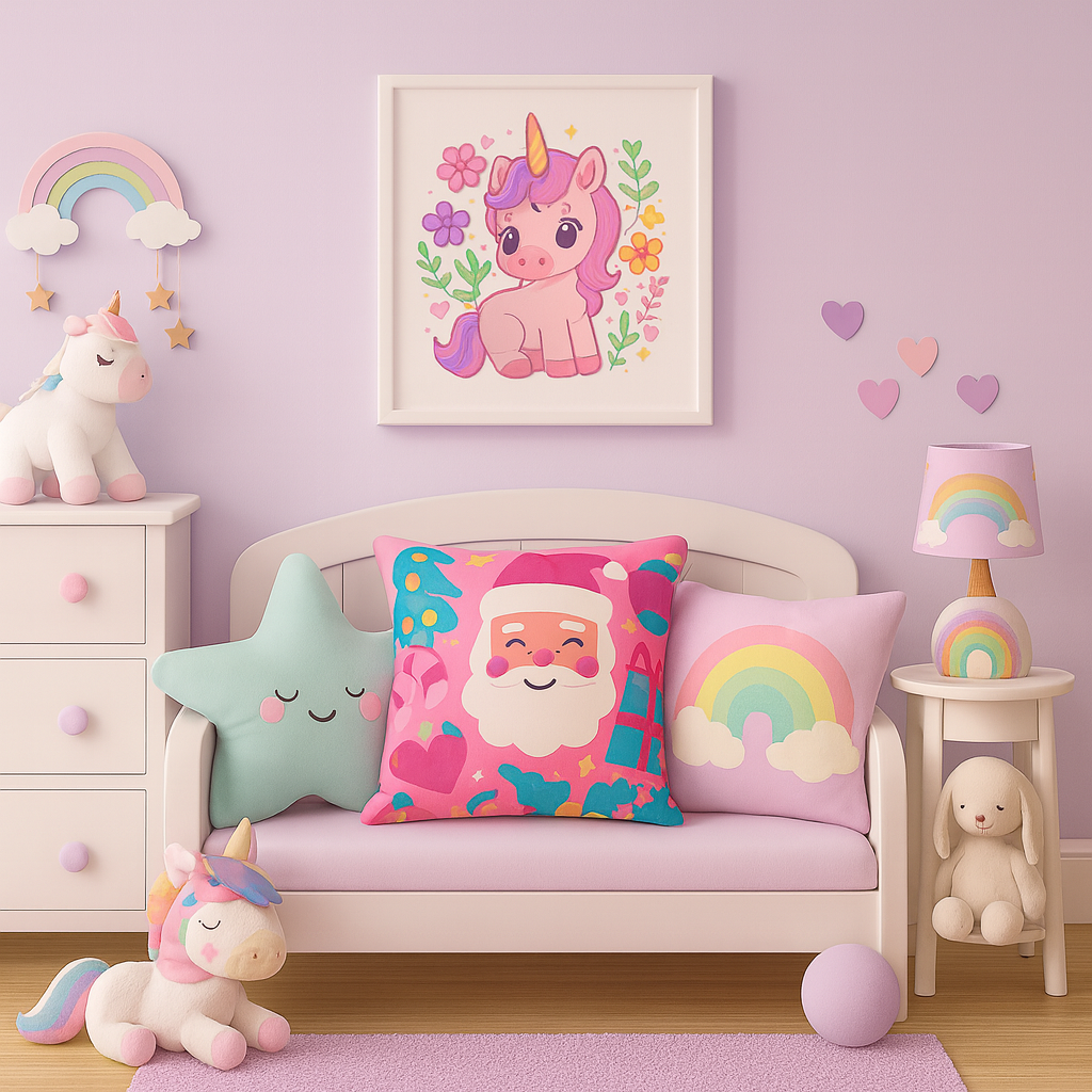 Kawaii Unicorn Canvas Wall Art – Pink & Pastel Girls Room Decor, Cute Nursery Print, Magical Rainbow Bedroom Art for Toddlers & Kids