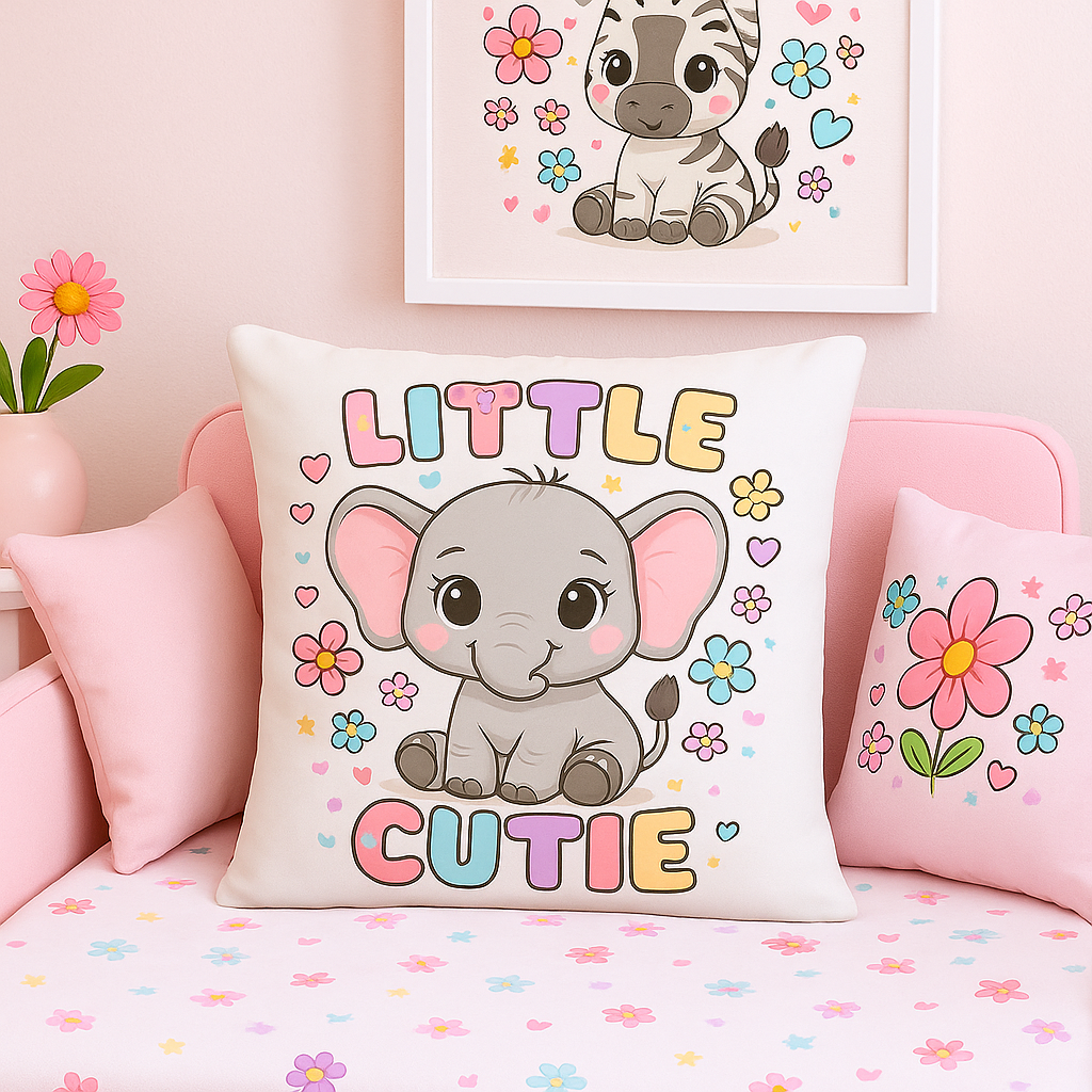 Little Cutie Elephant Pillow – Adorable Nursery Decor for Kids I Kawaii Baby Elephant Cushion with Pastel Flowers & Hearts – Kids Bedroom Accent