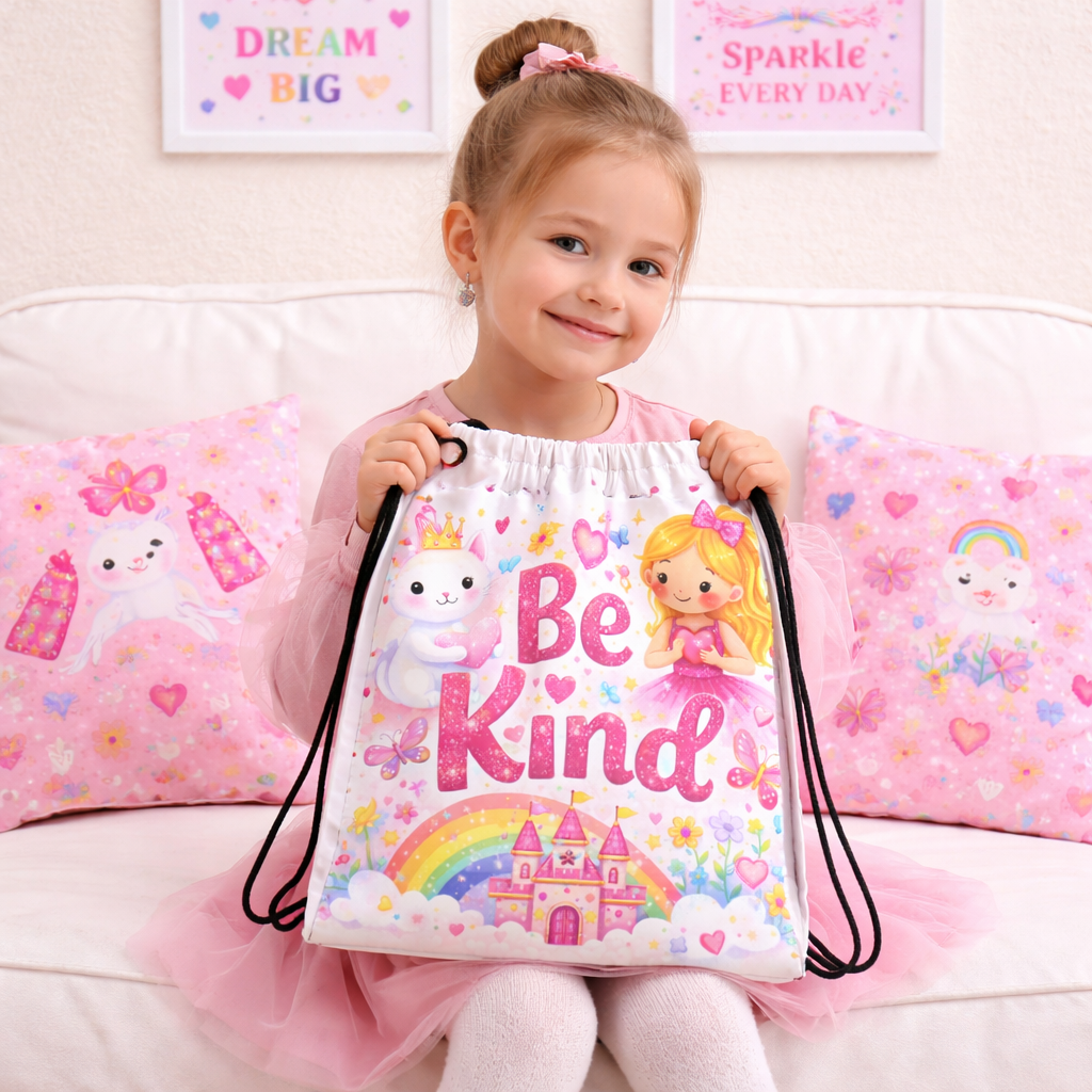 Be Kind Kids Drawstring Bag – Cute Girls Backpack with Fairy Princess Design, Positive Message School & Daycare Bag