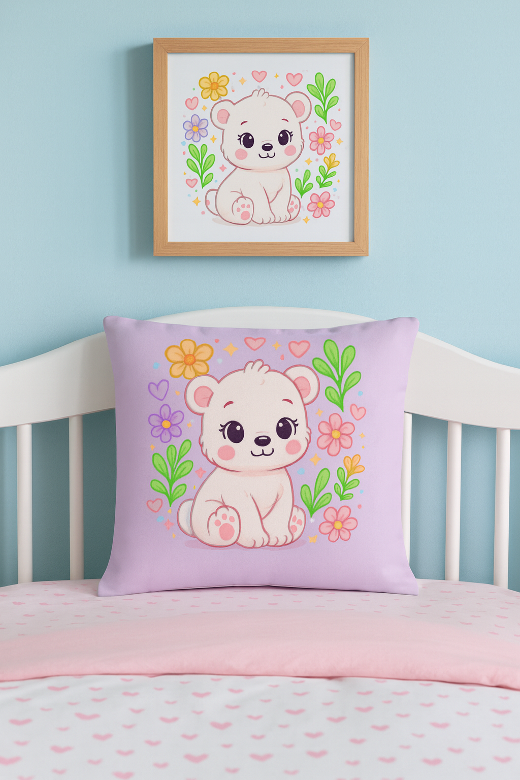 Cute Bear Throw Pillow – Kawaii Kids Room Decor with Flowers & Hearts I Kids Decor
