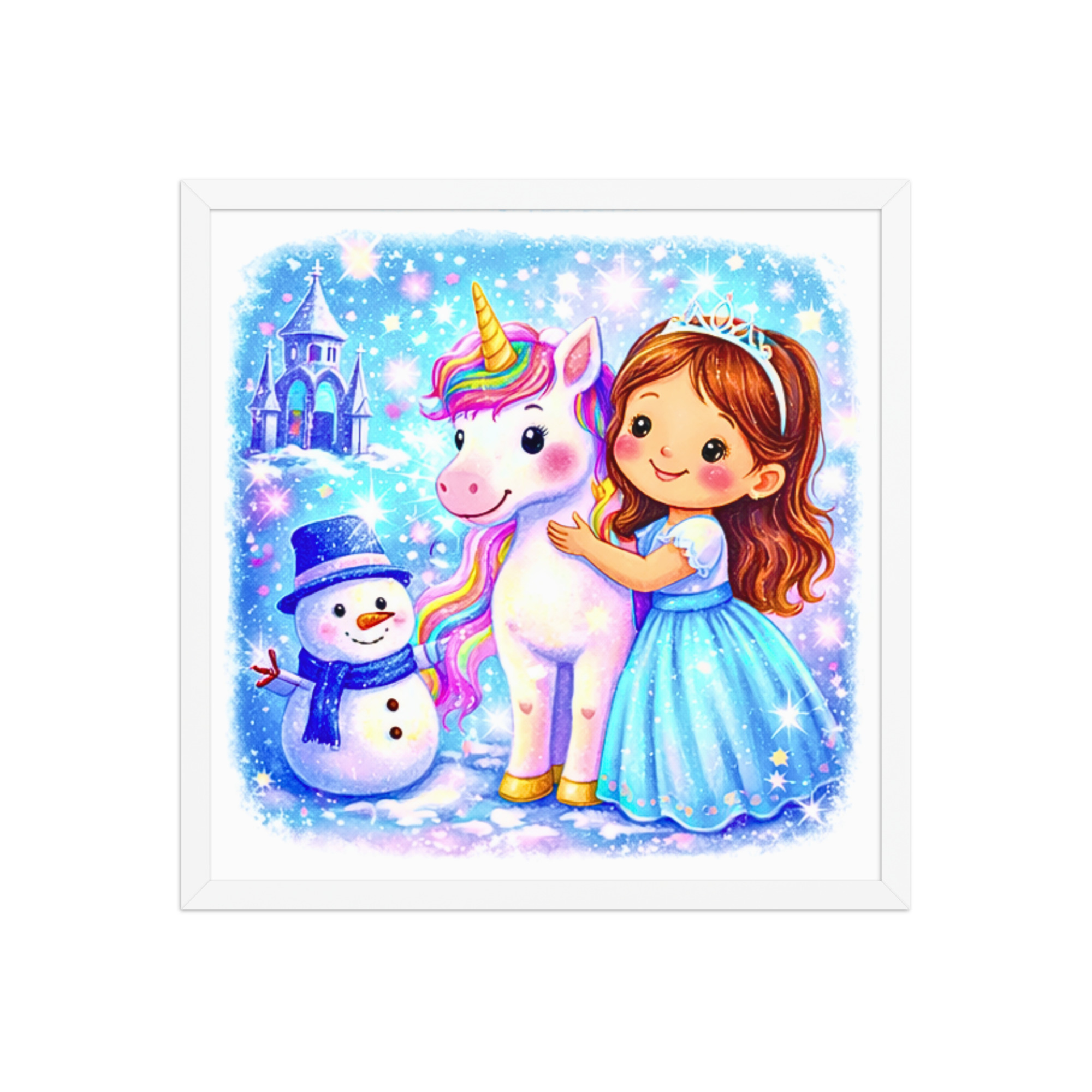 Magical Unicorn and Princess Wall Art I Winter Unicorn Princess Wall Art for Girls – Magical Fairy Tale Kids Room Decor with Snowman & Castle