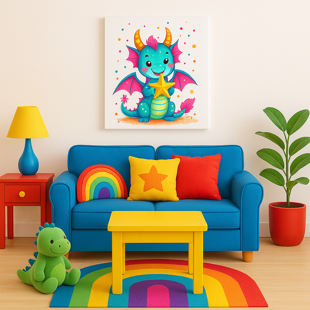 Cute Baby Dragon Canvas Wall Art – Bold Color Kids Room Decor, Fantasy Nursery Print, Rainbow Dragon Artwork for Boys & Girls Bedrooms