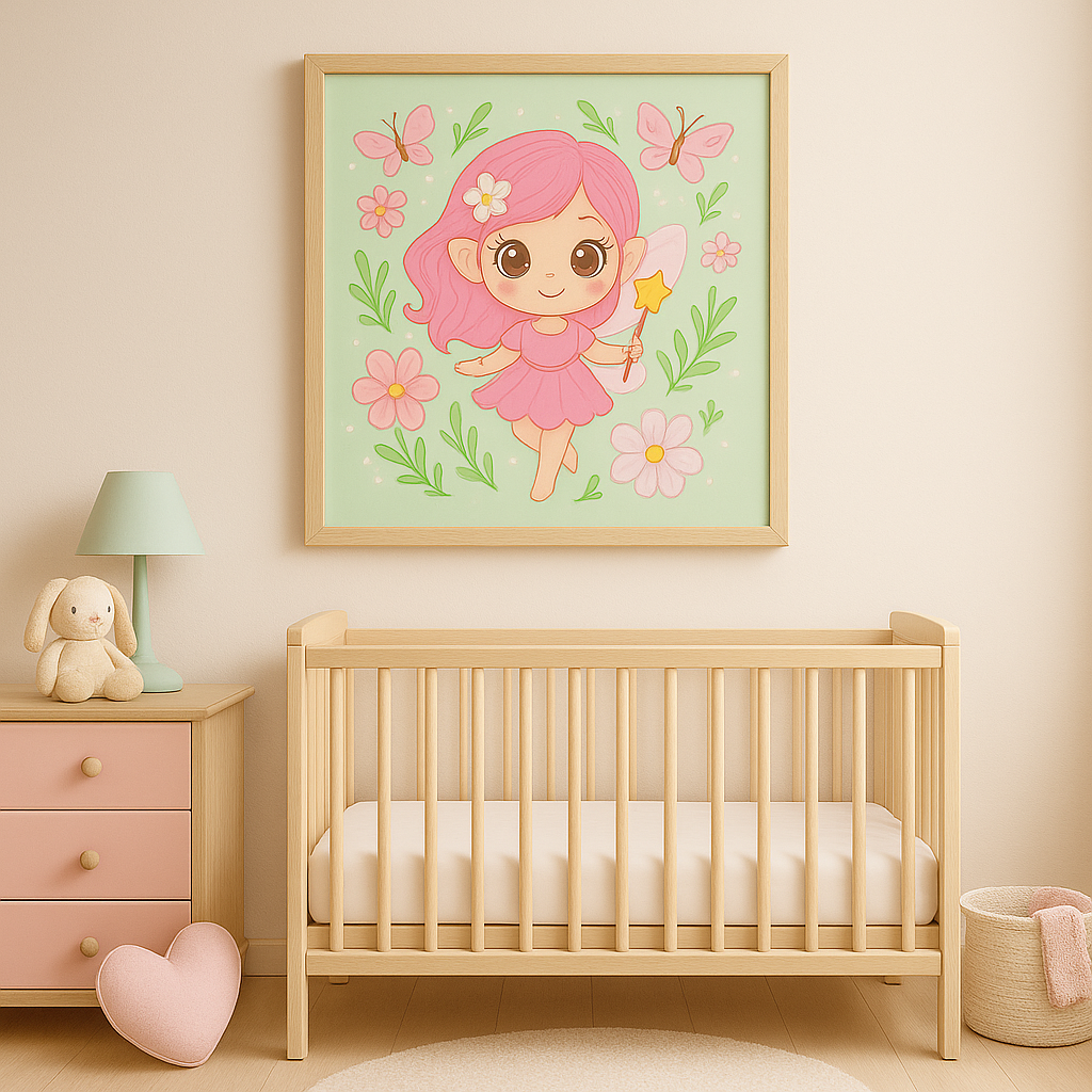 Kawaii Fairy Canvas Wall Art – Pink & Mint Girls Room Decor, Cute Butterfly & Flower Print, Nursery Wall Art for Toddlers and Kids