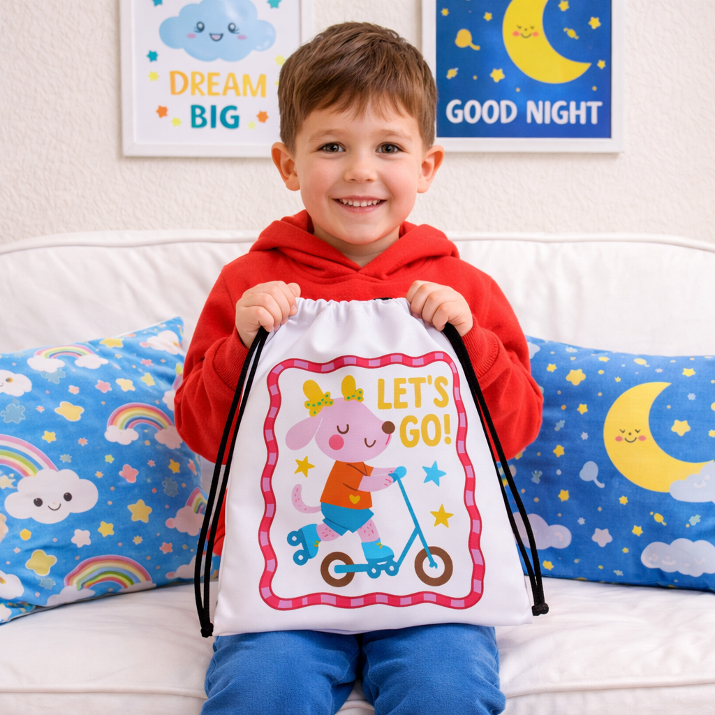 “Let’s Go!” Kids Drawstring Backpack – Cute Scooter Design for Kids | Fun Preschool & Daycare Bag