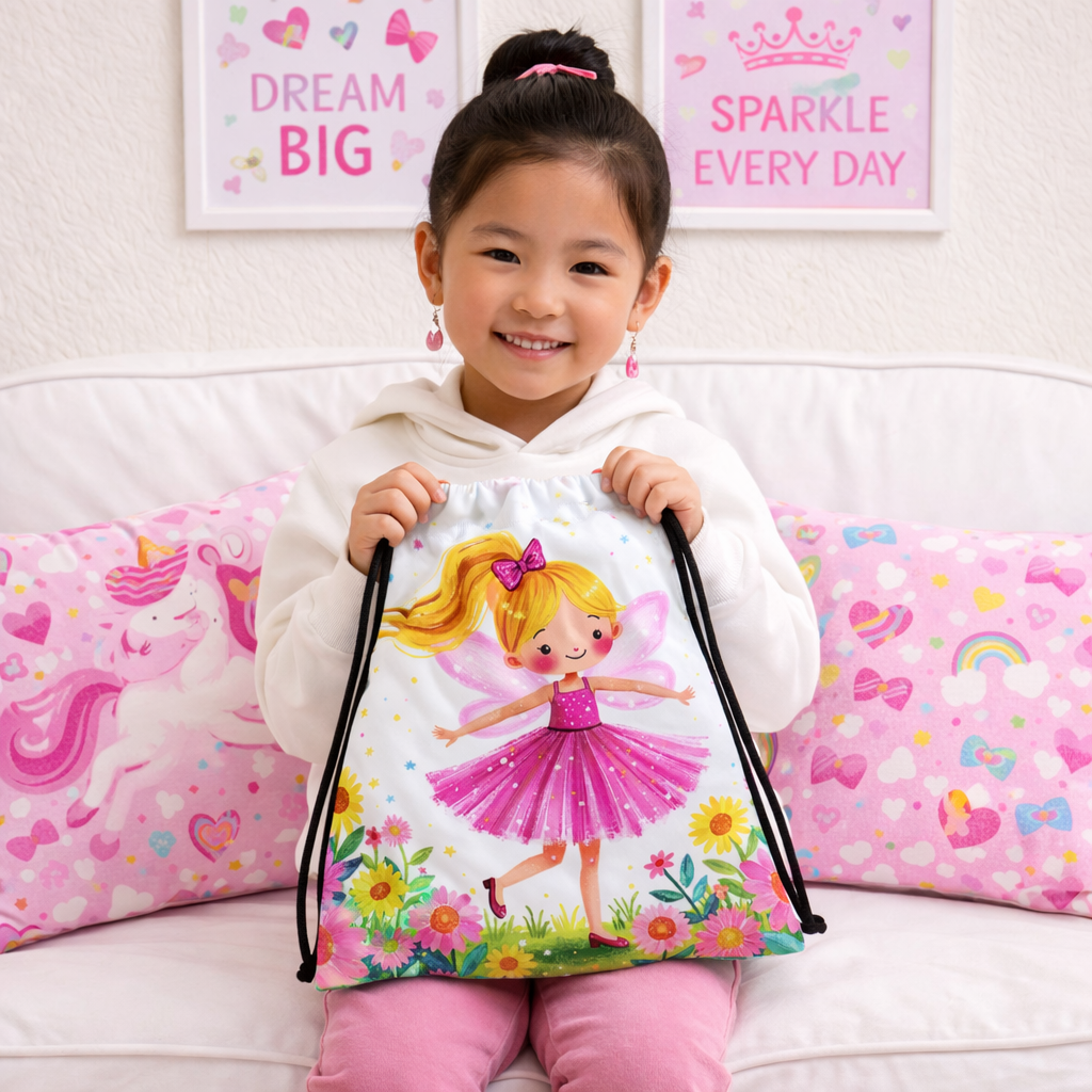Fairy Dreams Kids Drawstring Backpack – Cute Pink Fairy Bag for Girls, Preschool & Daycare Essential