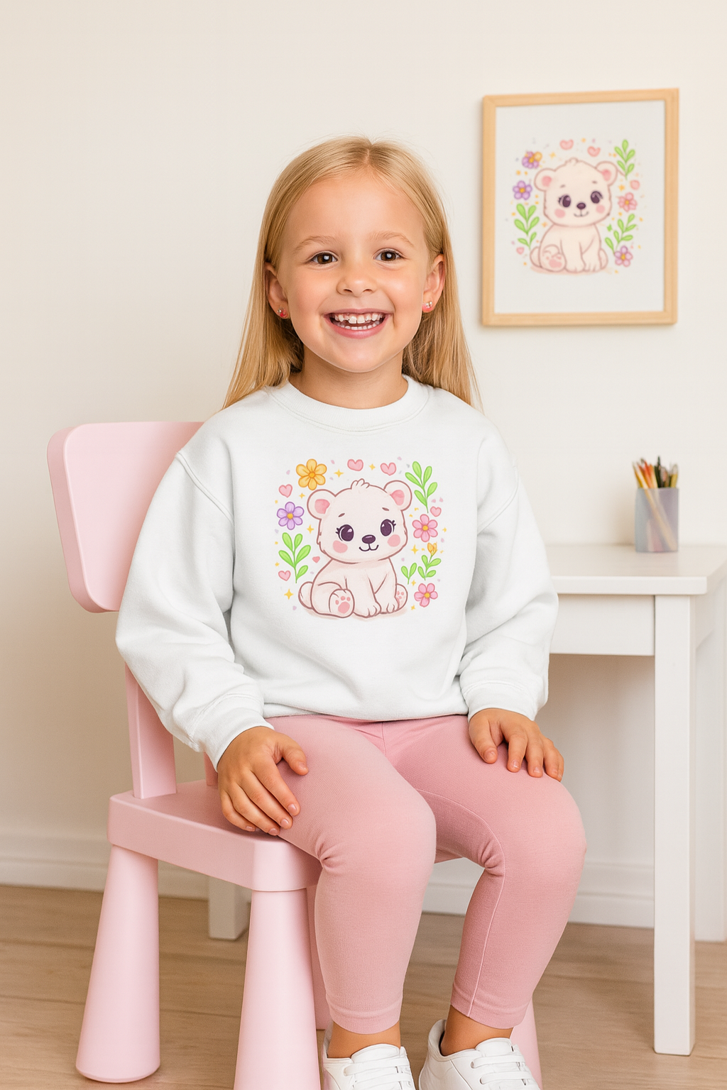 Cute White Bear Kids Sweatshirt – Kawaii Pastel Animal Sweater for Girls, Cozy & Soft I 