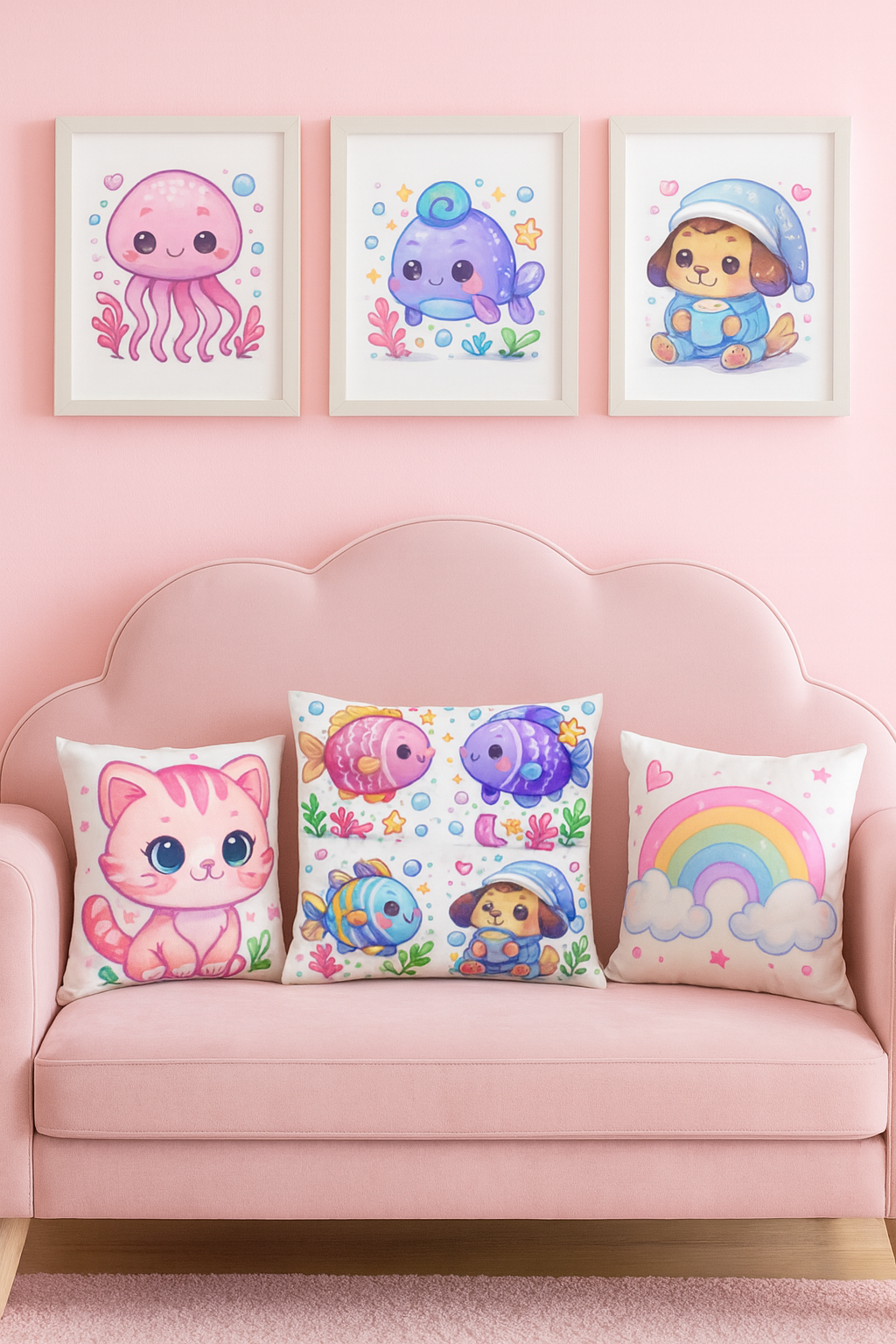 Cute Fish & Puppy Throw Pillow – Kawaii Ocean Animals Kids Room Decor | Pink & Pastel Playroom Cushion for Girls
