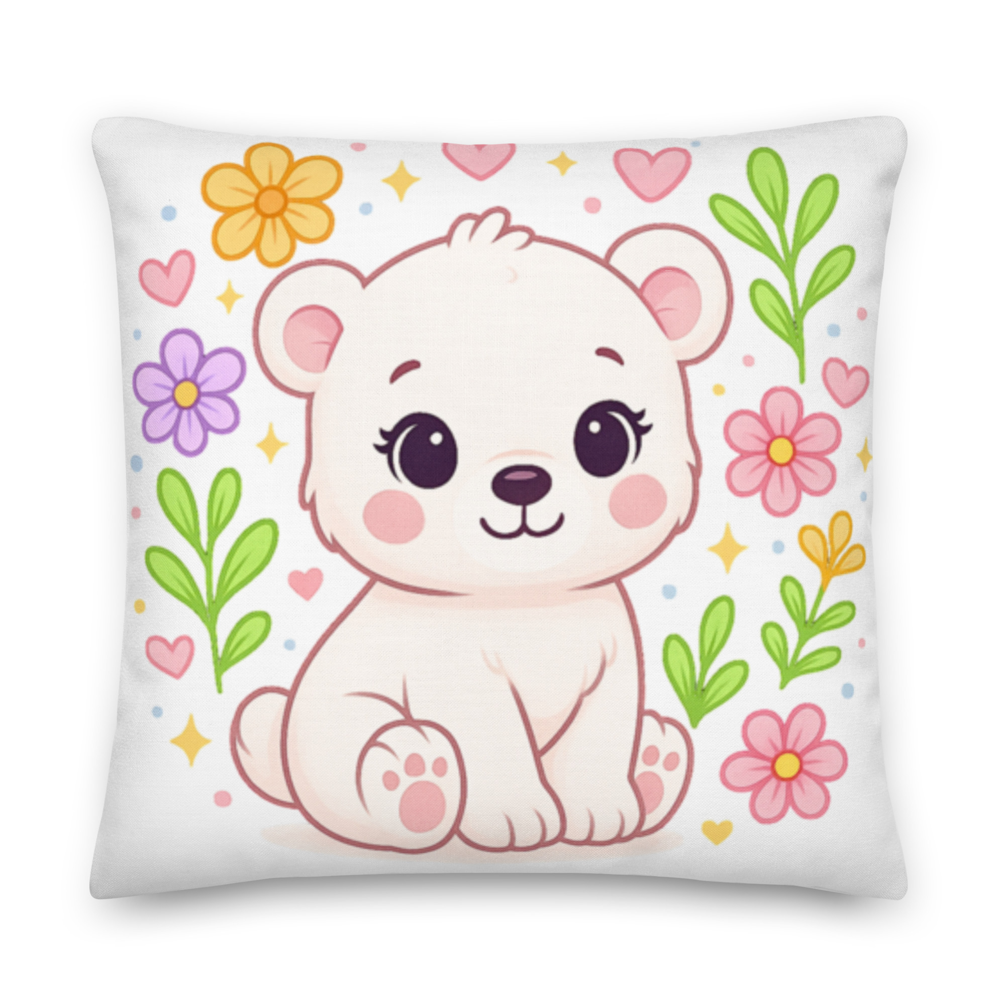 Cute Bear Throw Pillow – Kawaii Kids Room Decor with Flowers & Hearts I Kids Decor