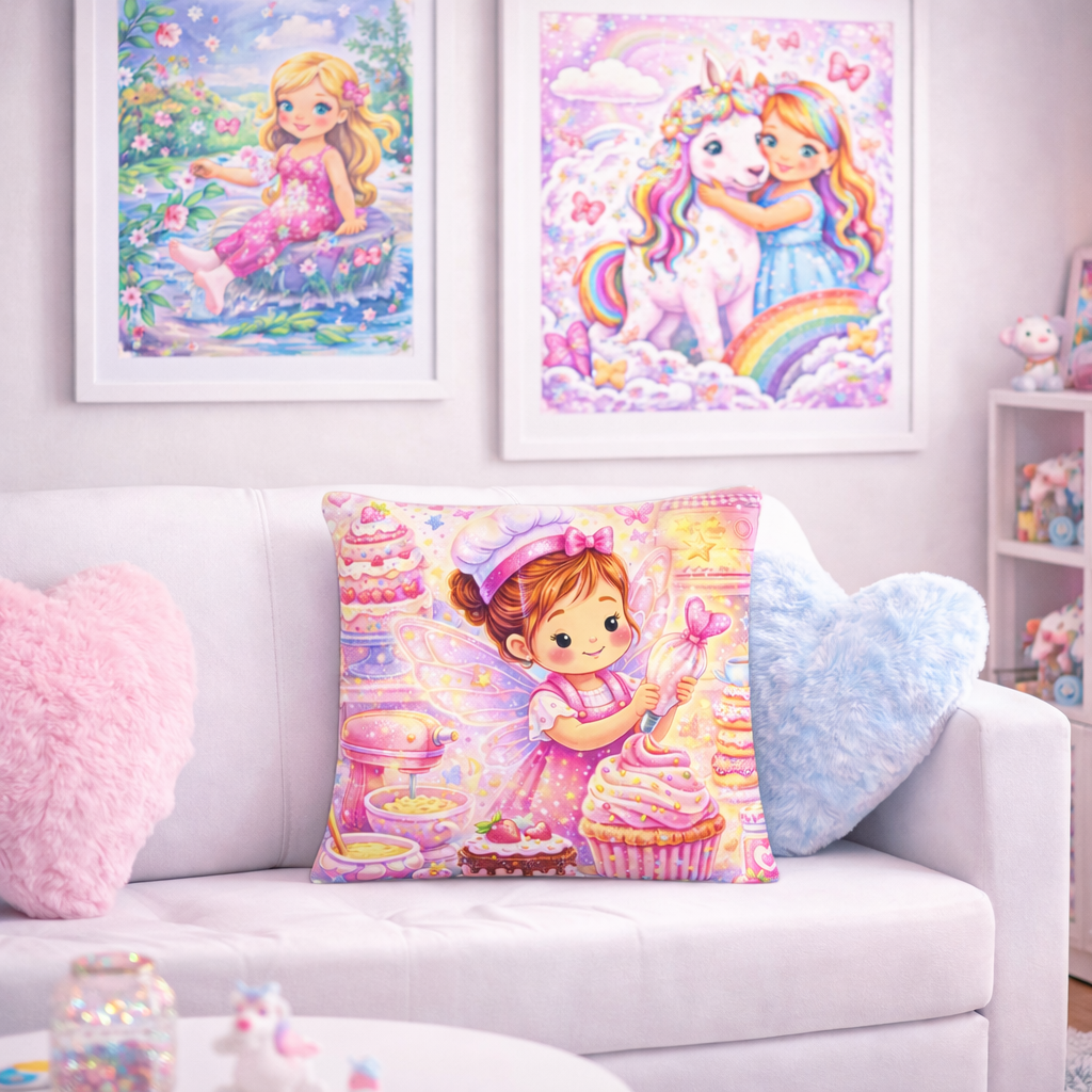 Fairy Baker Pillow for Girls – Cute Pink Baking Fairy Cushion with Cupcakes I Pillow for Children's Room