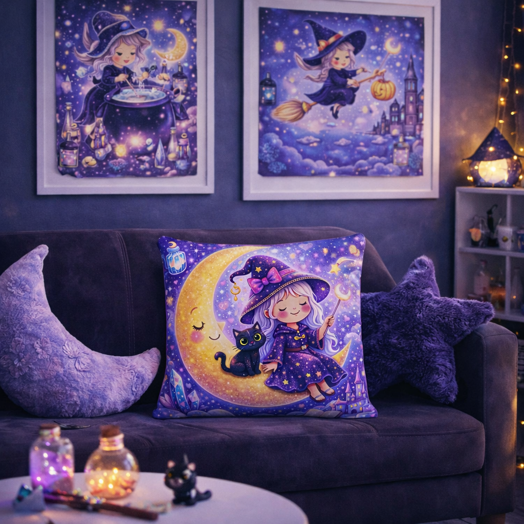 Moon Witch Pillow for Girls – Magical Crescent Moon & Black Cat Cushion