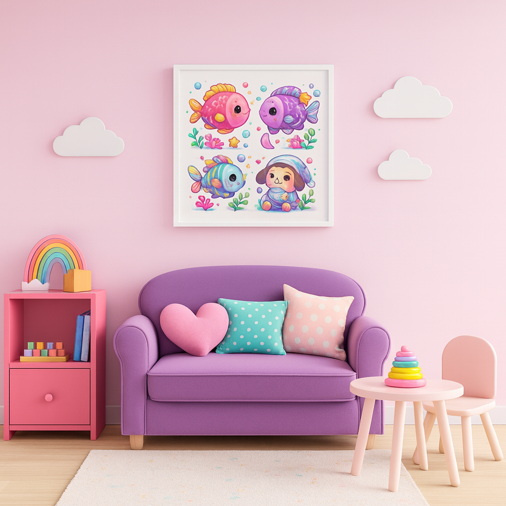 Cute Ocean Friends  Wall Art – Pastel Sea Animals Nursery Decor – Kawaii Underwater Playroom Print for Girls (Square 4x4)