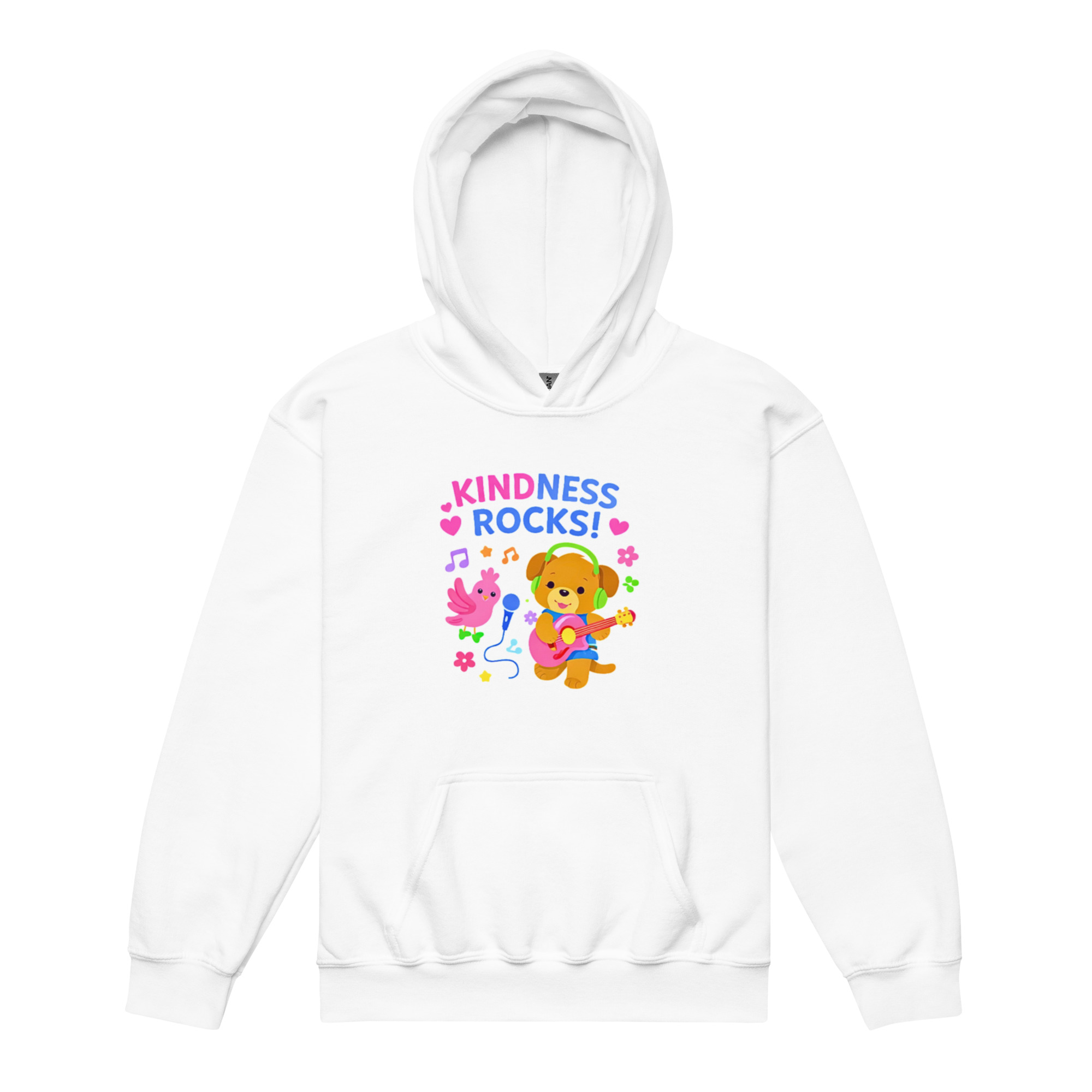 Kindness Rocks Kids Hoodie – Cute Musical Dog Design | Cozy Hoodie for Girls & Boys I Positive message kids clothing • Music-themed kids hoodie • Playful character hoodie • Gift for kids
