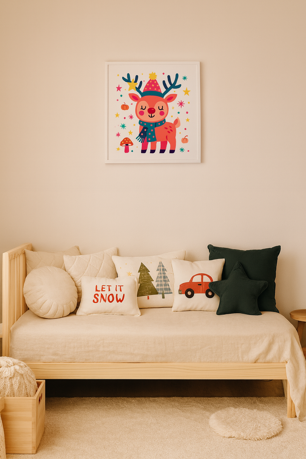 Cute Christmas Reindeer Wall Art – Festive Nursery Decor for Girls | Holiday Kids Room Framed Canvas | Whimsical Pink Reindeer Illustration | Christmas Bedroom Decor