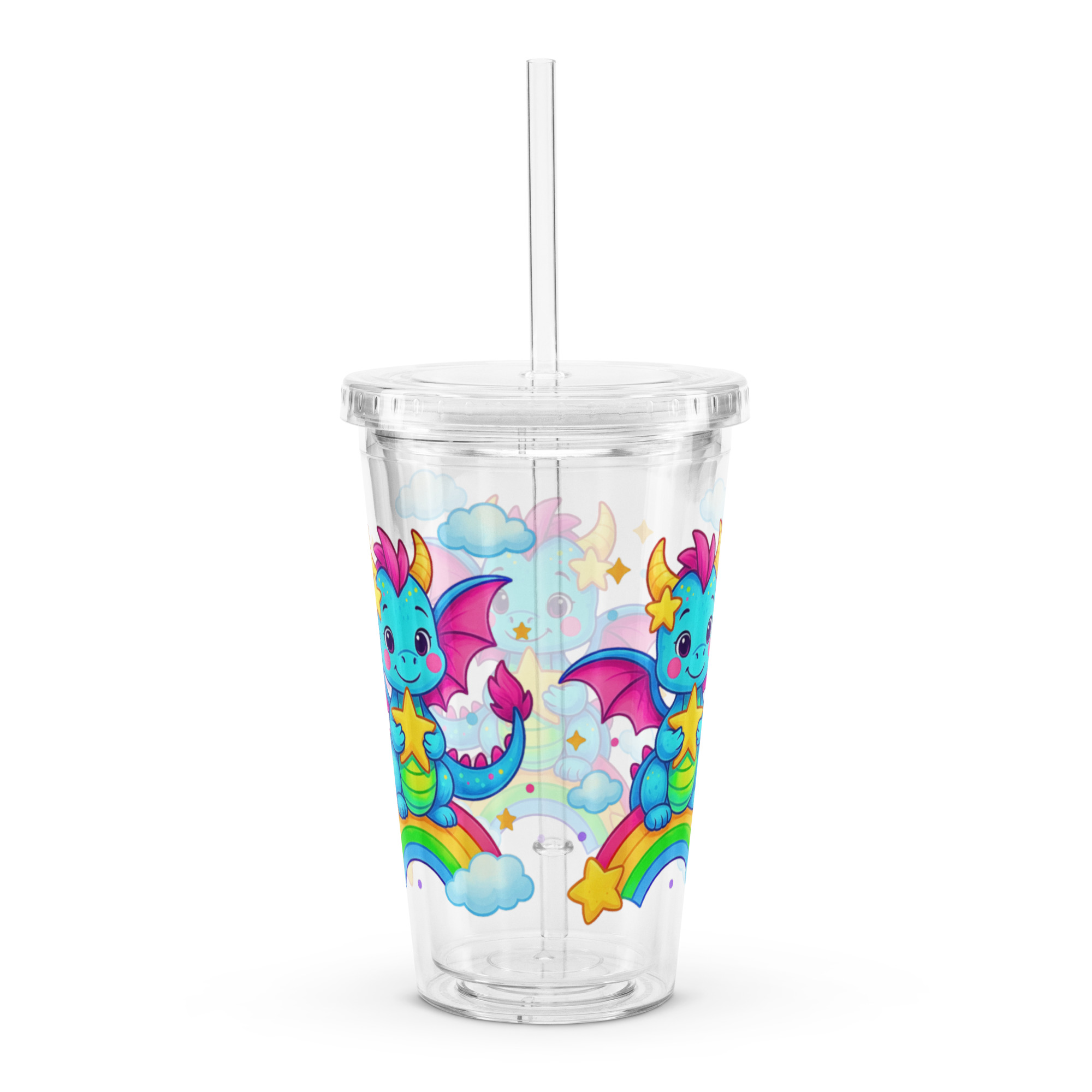 Cute Dragon Kids Tumbler | Rainbow Star Cup with Straw | 16oz Reusable Acrylic Cup for Children | Fun Fantasy Water Cup | Kawaii Dragon Drinkware