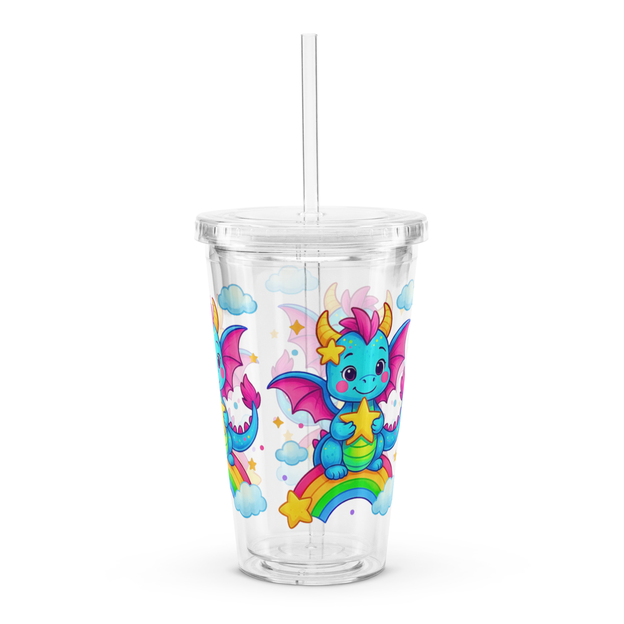 Cute Dragon Kids Tumbler | Rainbow Star Cup with Straw | 16oz Reusable Acrylic Cup for Children | Fun Fantasy Water Cup | Kawaii Dragon Drinkware